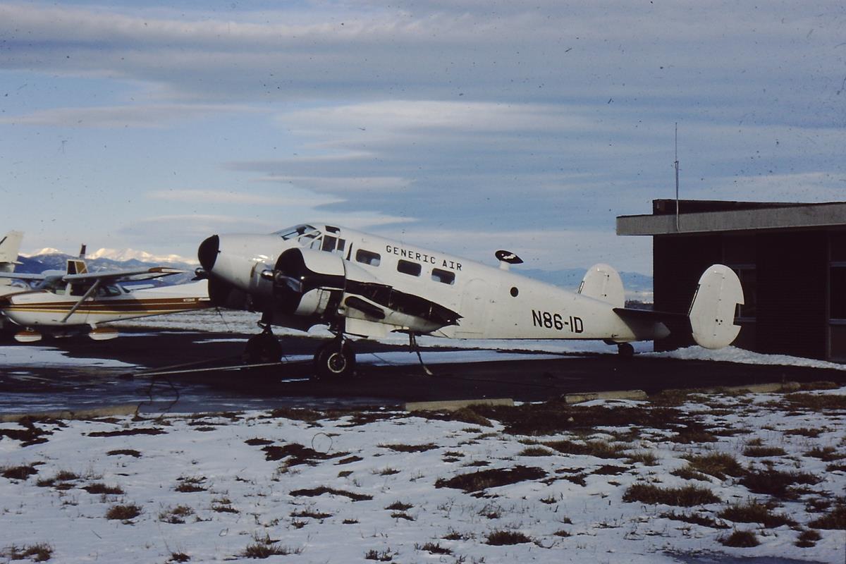 Beechcraft 18 without wings, Jeffco Airport, November 1986